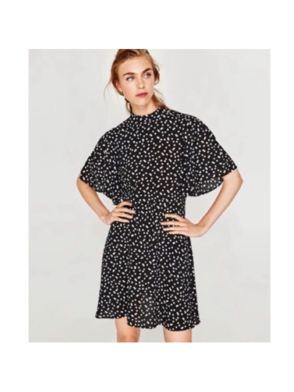 Zara Basic Black White Polka Dot Short Sleeve Mock Neck Mini Dress size Medium